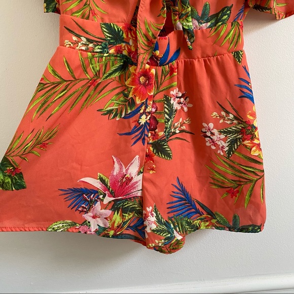 She + Sky Coral Tropical Front Tie Romper - Medium - Picture 5 of 11